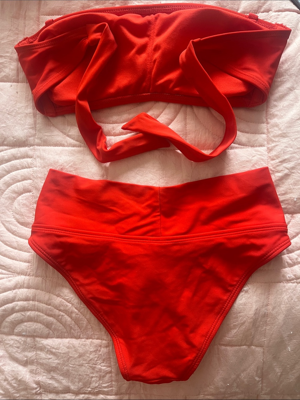 Xhilaration Red Two-Piece Bikini Set - Bandeau Top & High Waist Crossover Bottom - Picture 2 of 3